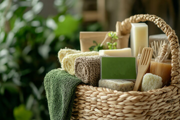 Obraz premium A close-up view of a woven shopping basket filled with an assortment of eco-friendly products, including biodegradable soaps, reusable bamboo utensils, and organic cotton produce bags.