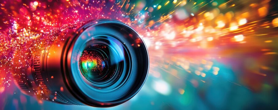 Vibrant and dynamic camera lens capturing the beauty of colorful light explosions