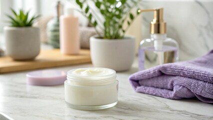 A modern bathroom countertop with a glass jar of cream, a towel and a soap dispenser on a marble surface. A green plant in a ceramic pot adds freshness to a bright and clean environment, reflecting th