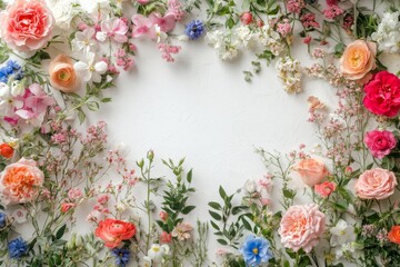 Floral Frame with Pink  White  and Blue Flowers on White Background