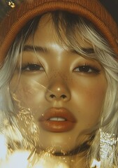 Stylish asian woman in warm light with freckles and orange hat fashion portrait