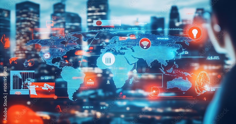 Poster Futuristic Digital World Map Concept with High Tech Cityscape and Global Data Visualization : Generative AI