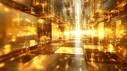 Golden Abstract 3D Background with Glowing Lines and Cubes