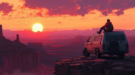  Traveler seated on top of van parked at scenic overlook, watching sunset over desert landscape, peaceful and reflective moment in beautiful, open setting.