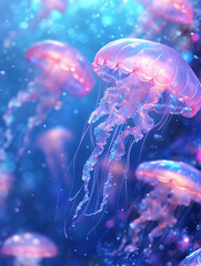 Naklejka premium A mesmerizing underwater scene celebrating World Jellyfish Day, with a vibrant array of jellyfish gracefully floating in the deep blue ocean.