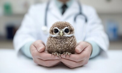 A veterinarian holding an adorable baby owl in their hands, showcasing care and compassion for wildlife.