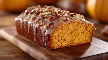  Close-up of glazed pumpkin bread with chopped pecans on top, showcasing its moist texture and festive appeal for autumn gatherings.