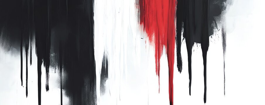 Art abstrait minimaliste avec coups de pinceau en noir, blanc et rouge profond.