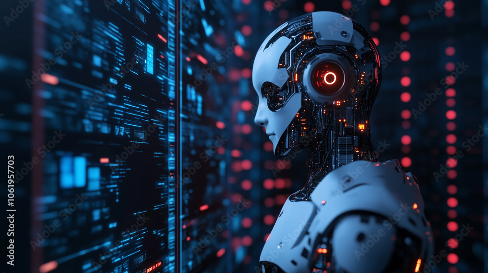 Aufkleber futuristic robot with glowing red lights stands in digital environment, symbolizing integration of AI in technology. scene is filled with data streams and sense of innovation