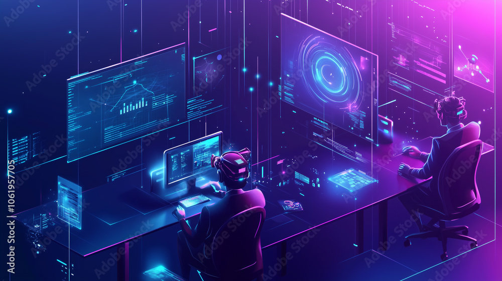 Poster two individuals engage with futuristic digital interfaces in vibrant, neon lit environment, showcasi