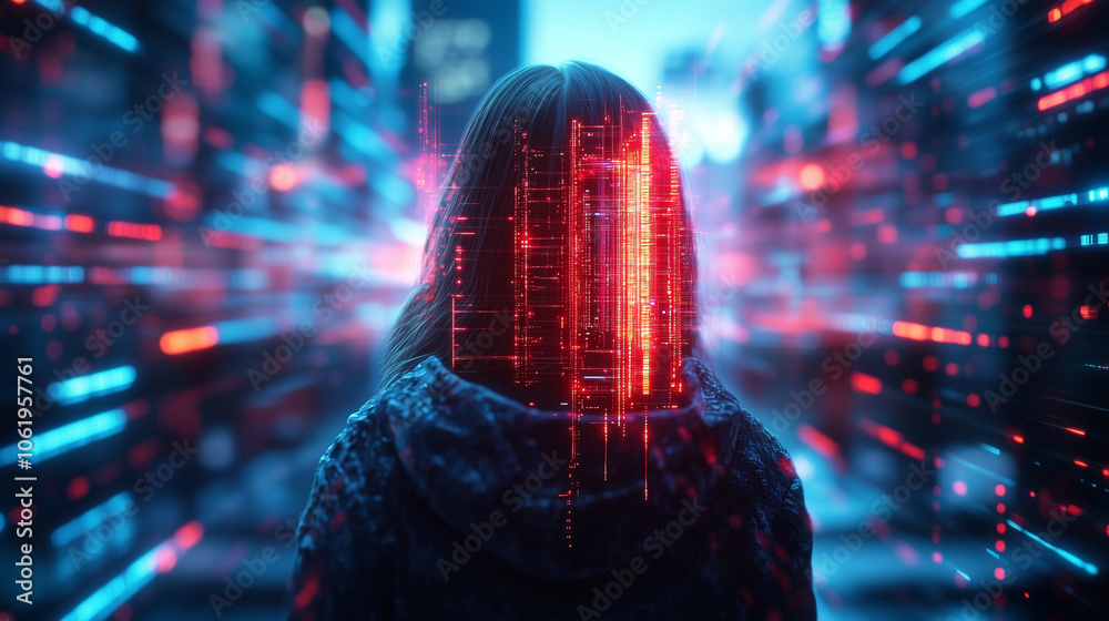 Poster person stands in digital landscape, surrounded by glowing red and blue data streams, symbolizing int