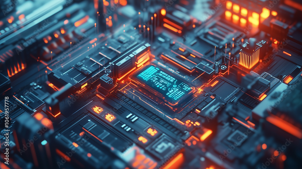 Poster futuristic circuit board with glowing orange and blue lights, representing advanced technology and digital transformation. intricate design highlights complexity of modern electronics
