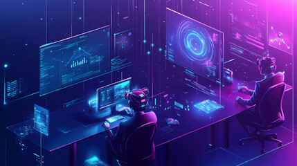 Obraz premium Two individuals engage with futuristic digital interfaces in vibrant, neon lit environment, showcasing integration of technology and innovation in modern workspace