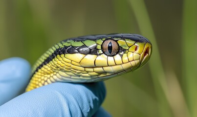 Obraz premium Close-up of a vibrant green snake's head held by a gloved hand in a natural setting.