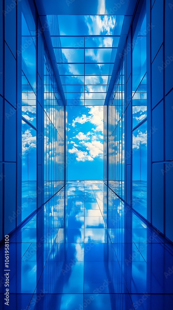 Aufkleber modern architectural corridor with reflective glass walls and cloudy sky view : generative ai