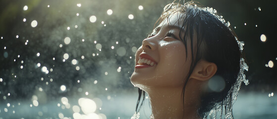 woman joyfully emerges from water, surrounded by sparkling droplets in sunlight