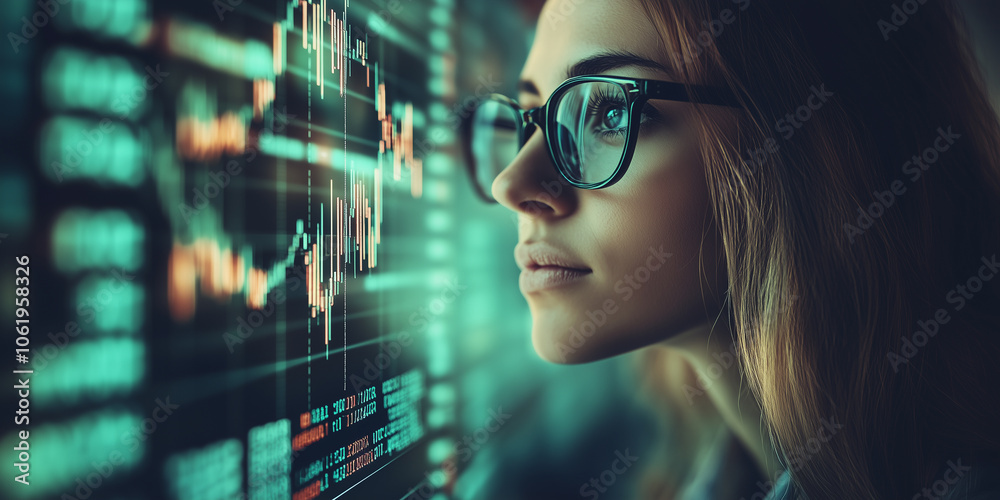 Poster focused female programmer in glasses analyzes data on digital screen, surrounded by complex graphs and charts, highlighting her concentration and expertise in technology