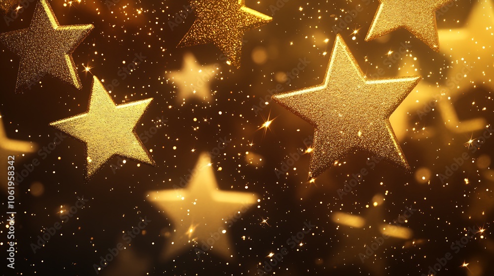 Poster glittering golden stars in motion against blurred shiny background for festive holiday design : gene