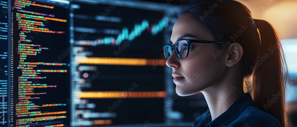 Poster focused female programmer in glasses is surrounded by computer screens displaying colorful code and data charts, highlighting her concentration and expertise in modern tech environment