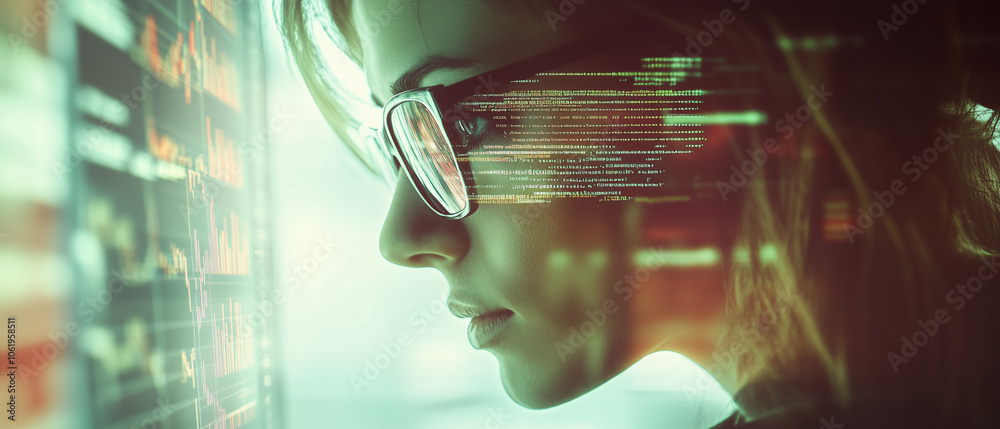 Poster focused female programmer in glasses surrounded by code and data visualizations, deeply engaged in her work. image captures intensity and concentration of tech professional