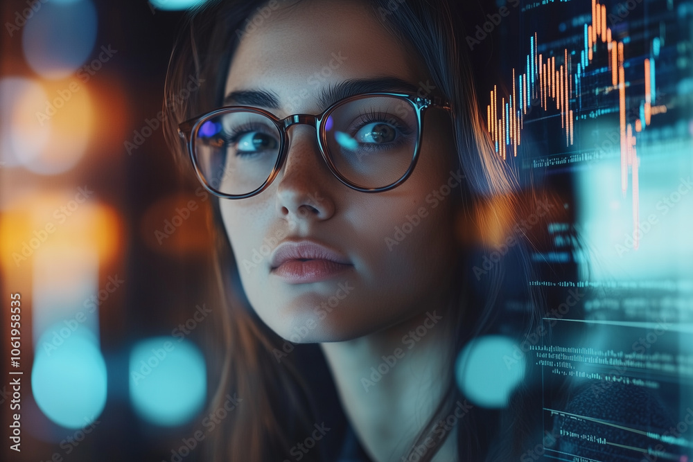 Aufkleber focused female programmer in glasses surrounded by code and data visualizations, reflecting determination and concentration in tech environment