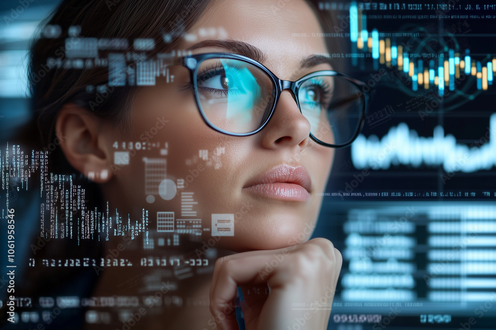 Poster focused female programmer in glasses surrounded by code and data visualizations, reflecting concentration and technology