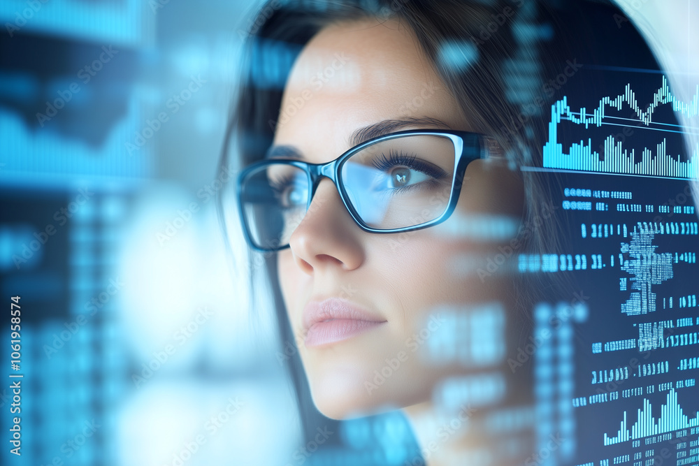 Poster focused female programmer in glasses surrounded by code and data visualizations, reflecting concentration and technology