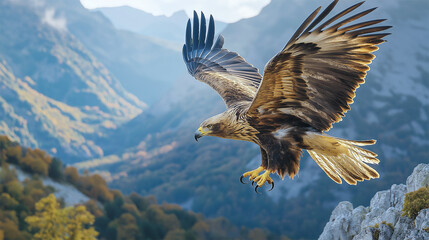 Obraz premium Golden eagle hovering over picturesque valley, sharp talons ready, mountain backdrop 