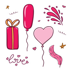 A pink gift box, a red balloon, a pink heart, and various abstract shapes and splashes in pink and red colors, along with some stars. a set of isolated elements for birthday, February 14th, and other 