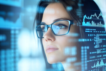 focused female programmer in glasses surrounded by code and data visualizations, reflecting concentration and technology