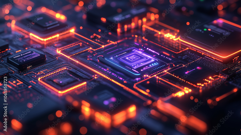 Aufkleber glowing circuit board with neon lights and microchips, representing advanced technology and innovation. vibrant colors and intricate design convey futuristic and dynamic atmosphere