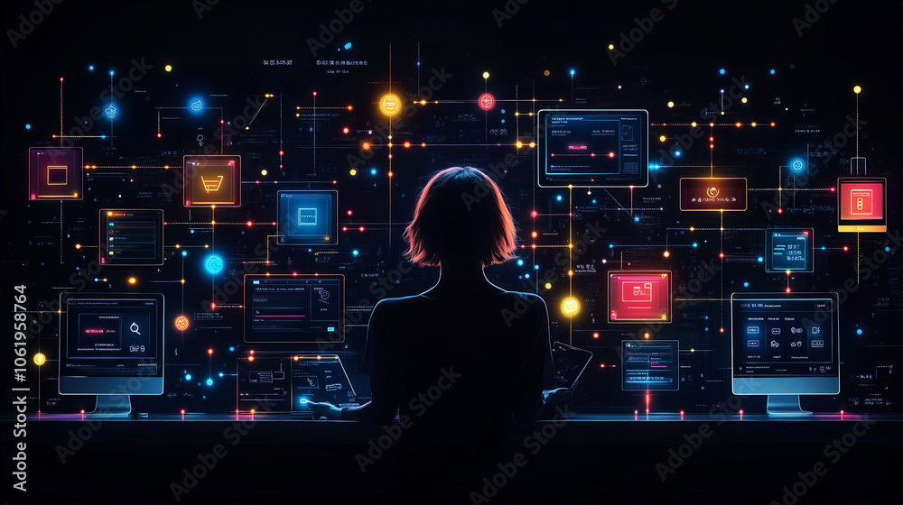 Leinwandbilder person interacts with digital network interface, surrounded by glowing screens and data nodes, symbolizing technology and connectivity. scene is vibrant and futuristic