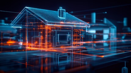 Futuristic digital house model with neon lines, illustrating advanced smart home technology and modern architectural innovation.