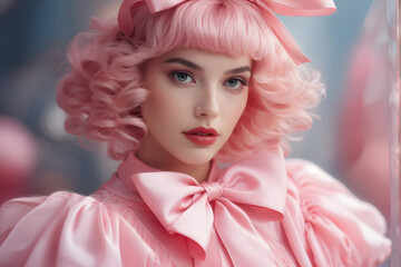 Naklejka premium A woman with pink hair and a pink dress is posing for a photo