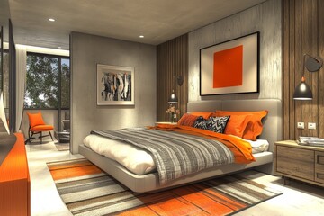Modern Bedroom Interior Design with Orange and Grey Color Scheme