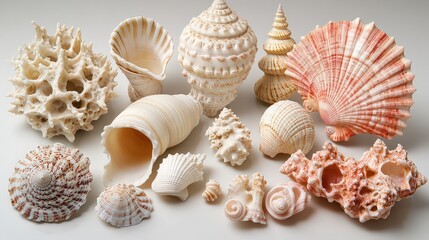  collection of assorted seashells in various shapes, sizes, cream and pink shades, capturing natural beauty of coastal treasures.