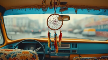 colorful van with bright patterns, dreamcatcher hanging from rearview mirror, symbolizing freedom, creativity, travel lifestyle.