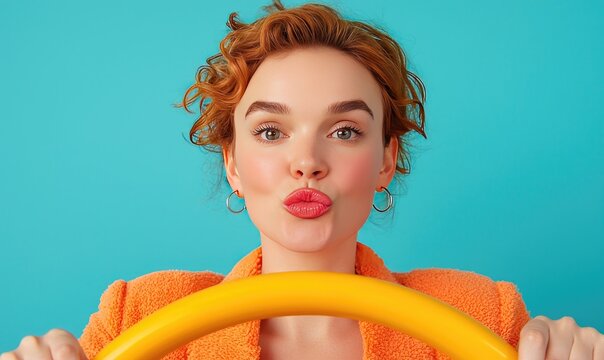 Female driver with orange steering wheel, making playful kissy face against bright turquoise background.