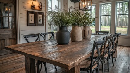  Rustic dining room setup with a wooden table, cross-back chairs, and ceramic vases filled with greenery, creating a cozy, farmhouse-inspired atmosphere.