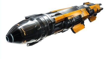 Tactical missile with metallic surface and high-tech design, ideal for engineering visuals, isolated on white background