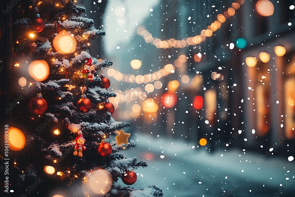 Poster snowy christmas street with lit tree and bokeh lights creating a cozy holiday ambience : generative 