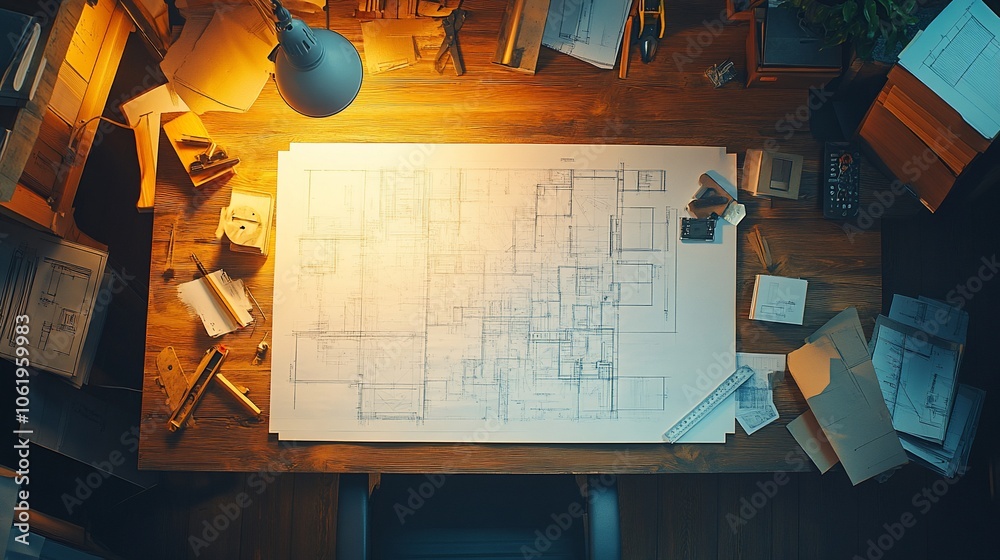 Poster overhead view of an architect's desk with blueprint, pencils, and a lamp.