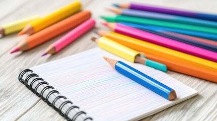 Fototapeta premium A collection of colorful pencils beside a blank notepad on a wooden surface.
