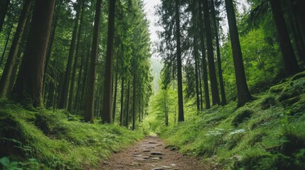 A serene forest path surrounded by tall trees and lush greenery.