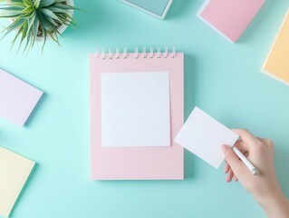 A person placing blank sticky notes on a wall calendar, bright and organized workspace, sense of ambition and clarity, positive energy, focus on productivity and motivation, achiev