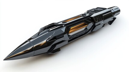 Tactical missile with sharp design and polished metallic surface, representing advanced weaponry, isolated on white background