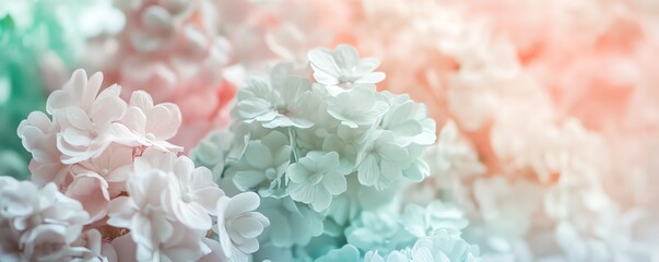 Hortensia pastel en gros plan aux tons rose et menthe.