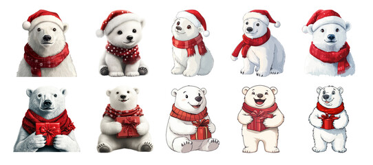 A charming collection of polar bears wearing festive scarves and Santa hats, perfect for holiday themes and cheerful designs.