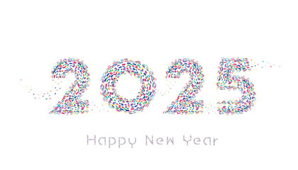 Happy New Year 2025 design with colored confetti typography number on white background.
