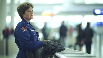 Fototapeta premium Security personnel in airport ensuring safe travel environment, vigilant officers monitoring checkpoints and maintaining order, emphasizing the importance of security in public transportation.